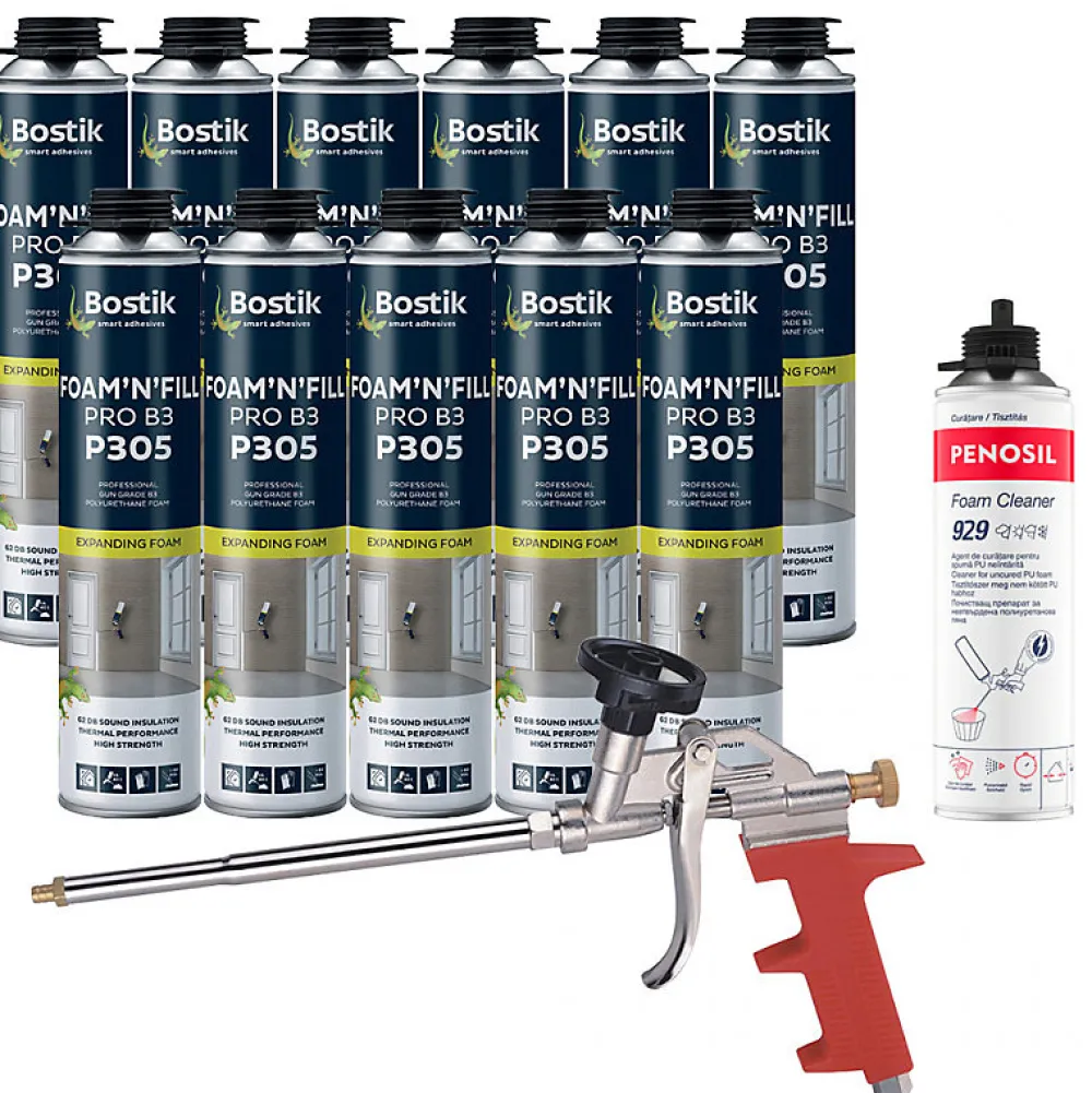 Bostik Mousse Expansive-Pack 11 Mousses expansives PU pistolable P305 Foam'n'Fill 750ml + Nettoyant FoamCleaner 929 500ml + Pistolet manuel