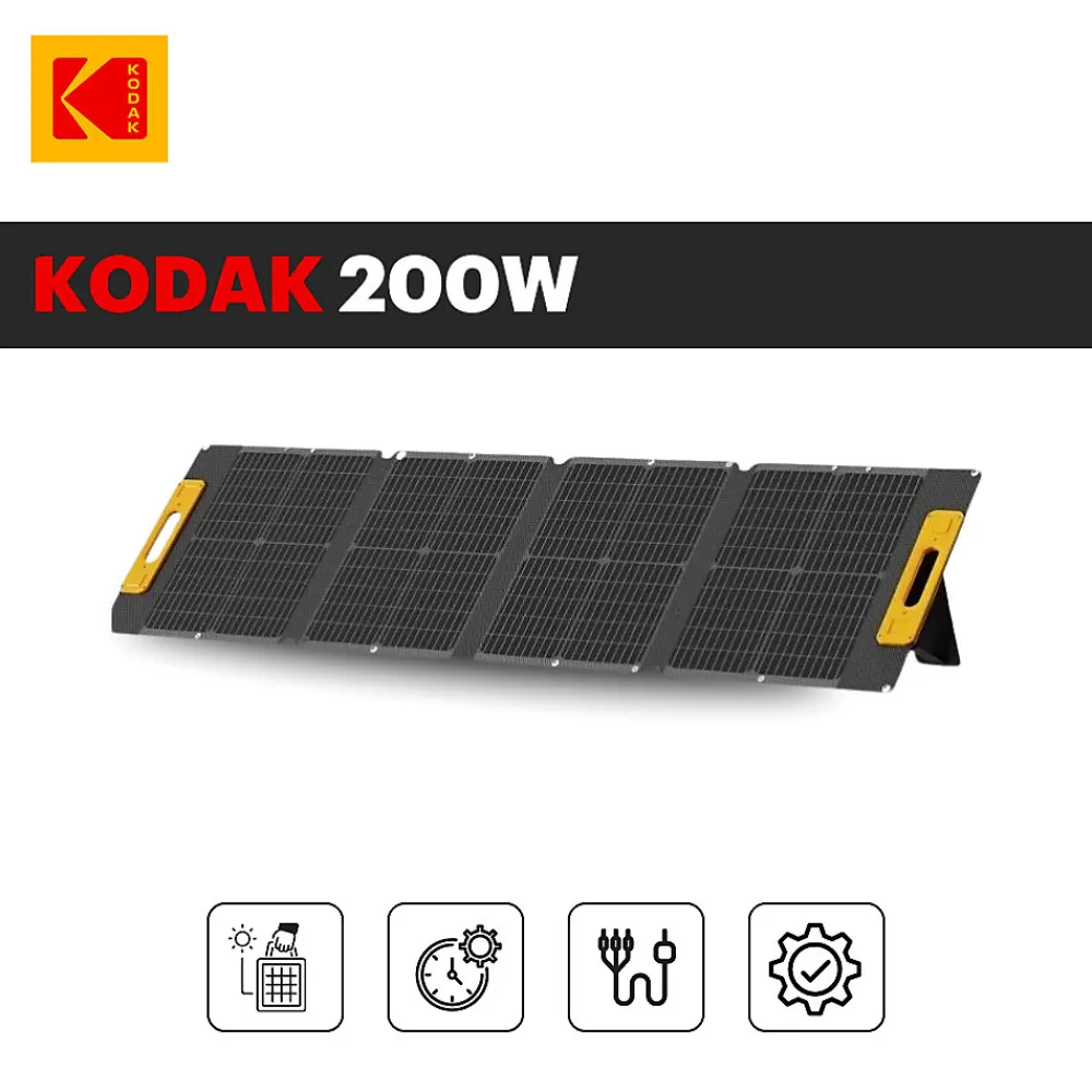 Kodak Panneau Solaire Portable 200W - Rendement 23% - Étanche IP65 - Léger et Pliable - Pieds Réglables - Connexions Multiples