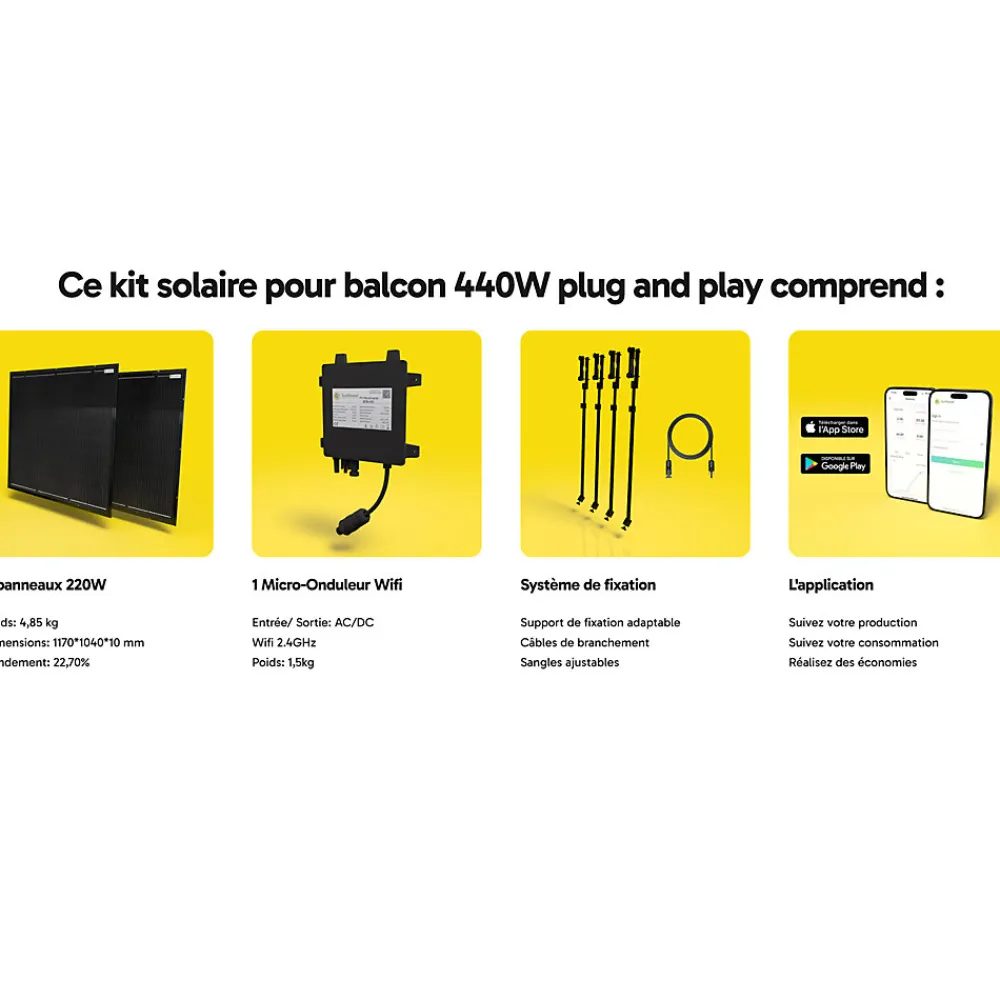 Sunflower Solar Panneau solaire pour balcon Plug and Play 440W, 2 panneaux solaires dernière génération