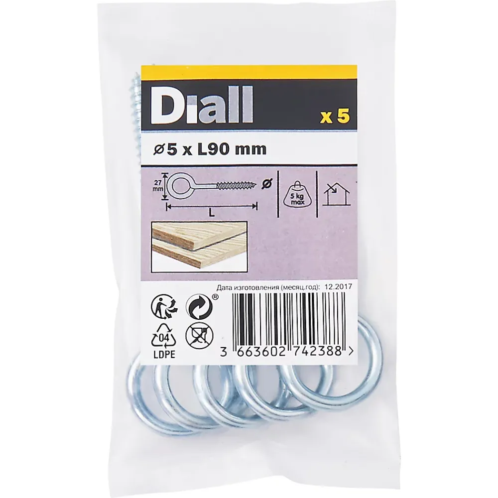 Diall Piton À Visser-Piton à vis longs en acier zingué 90x32 mm - 5 pièces