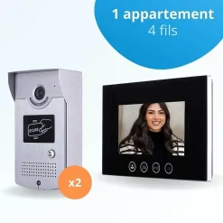 BT SECURITY Portier interphone vidéo cards 4 fils pour 2 entrées - 1 appartement - 2 platines - 1 écran noir 7