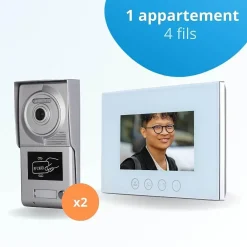 BT SECURITY Visiophone-Portier interphone vidéo classic 4 fils pour 2 entrées - 1 appartement - 2 platines - 1 écran blanc 7" - avec mémoire pho...