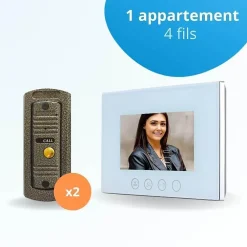BT SECURITY Visiophone-Portier interphone vidéo pino 4 fils pour 2 entrées - 1 appartement - 2 platines - 1 écran blanc 7