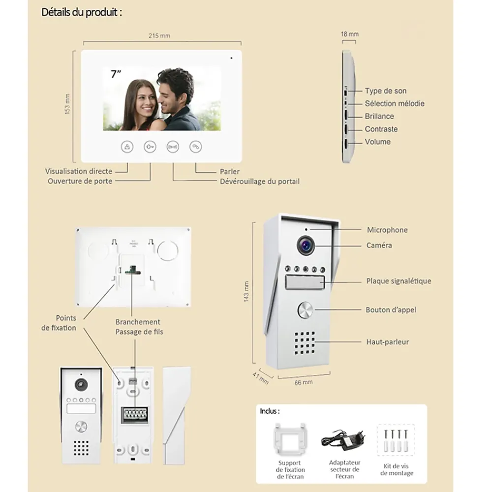 Kyf Portier Vidéo filaire connecté Wifi avec Ecran tactile 7p, 2 fils, Contrôle vocal