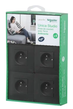 Schneider Electric Prise avec terre complète Unica Déco anthracite, lot de 4