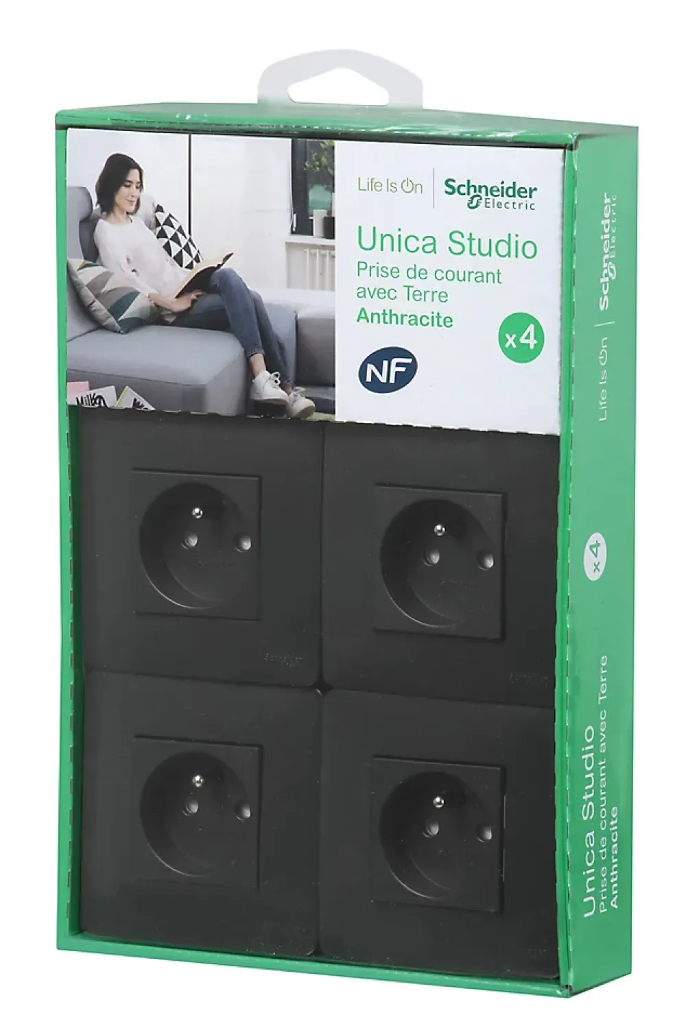 Schneider Electric Prise avec terre complète Unica Déco anthracite, lot de 4