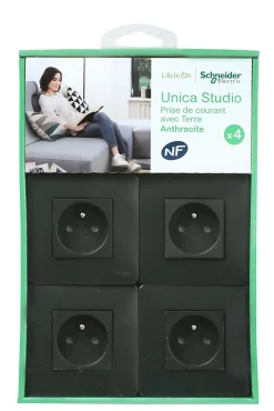 Schneider Electric Prise avec terre complète Unica Déco anthracite, lot de 4