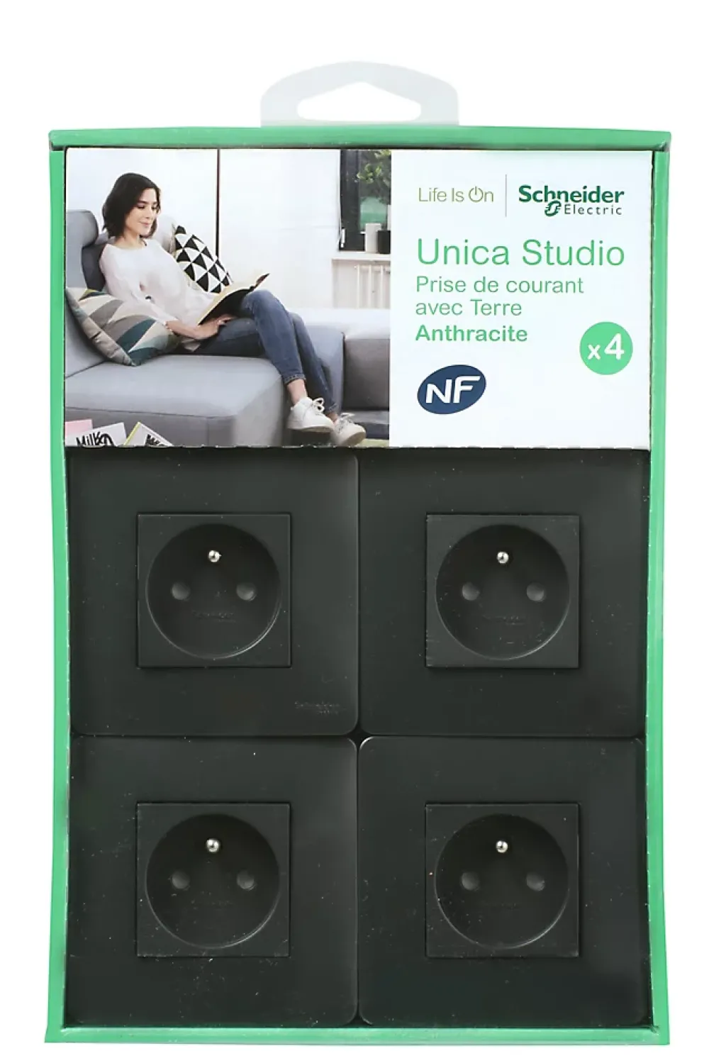 Schneider Electric Prise avec terre complète Unica Déco anthracite, lot de 4