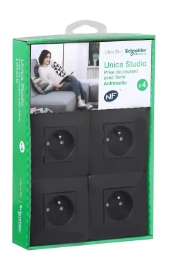 Schneider Electric Prise avec terre complète Unica Déco anthracite, lot de 4