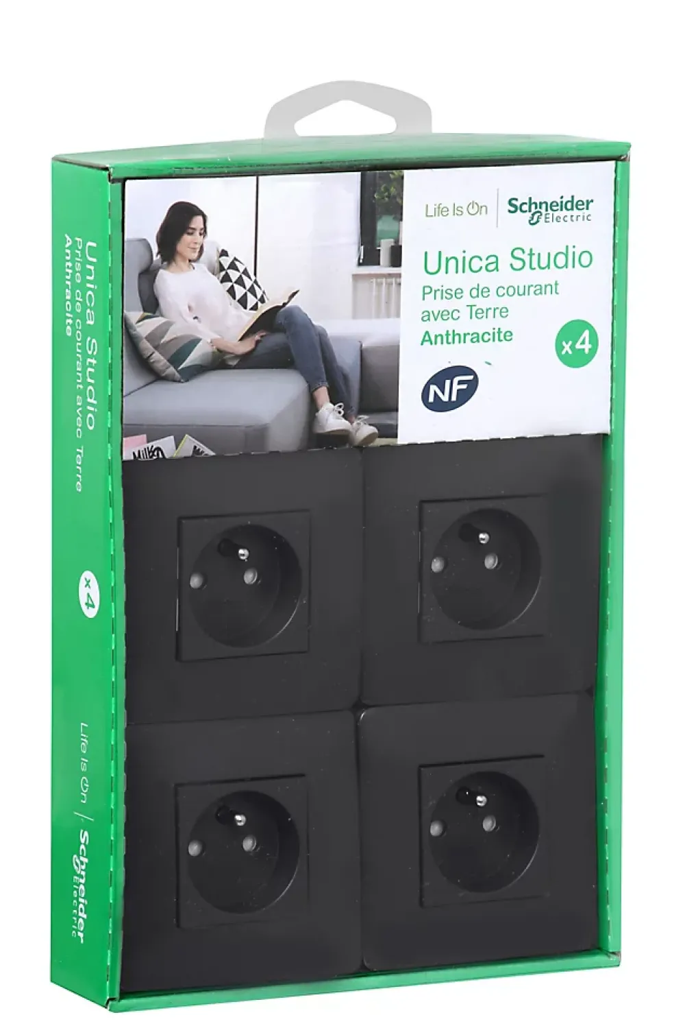 Schneider Electric Prise avec terre complète Unica Déco anthracite, lot de 4