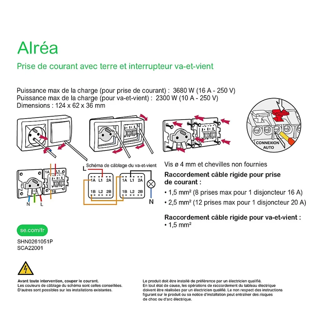 Schneider Electric Prise avec terre + interrupteur va-et-vient complets saillie Alréa blanc