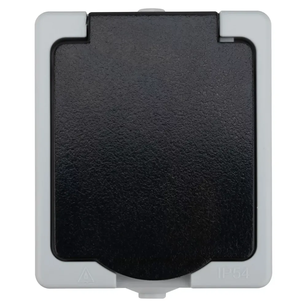 Prise avec terre étanche en saillie gris complet - H 8,5 cm / L 6,5 cm / P 5 cm