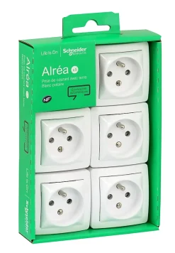 Schneider Electric Prise En Saillie-Prise de courant 2 pôles + terre complète saillie Alréa blanc, lot de 5