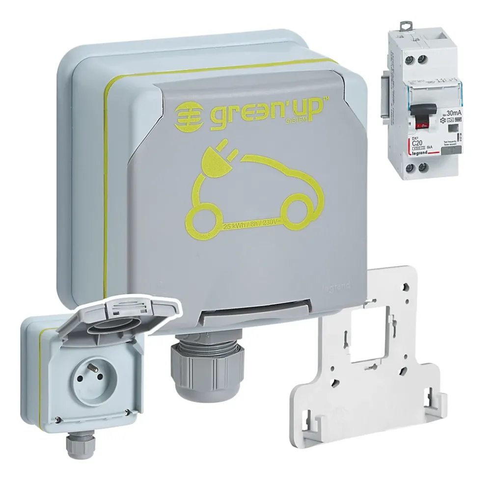 Legrand Borne Recharge Voiture Électrique|Transformateur, Convertisseur Et Chargeur Usb-Prise de courant étanche + disjoncteur Green'up pour véhicule électrique