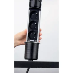 Cuisissimo Prise Encastrable-Prise plan de travail SKY - Bloc 3 prises + 2 USB-A rétractable inox et noir