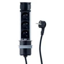 Cuisissimo Prise Encastrable-Prise plan de travail SKY - Bloc 3 prises + 2 USB-A rétractable inox et noir