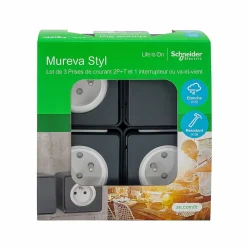 Schneider Electric Prise Étanche-3 prises avec terre + 1 interrupteur va-et-vient Mureva Styl gris anthracite, lot