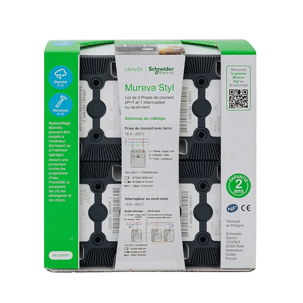 Schneider Electric 3 prises avec terre + 1 interrupteur va-et-vient Mureva Styl blanc, lot