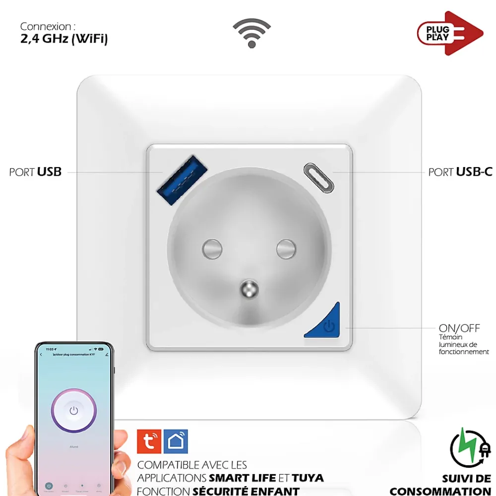 Kyf 4 Prises encastrées 3000W & Ports USB-A + USB-C Wifi + Suivi de consommation