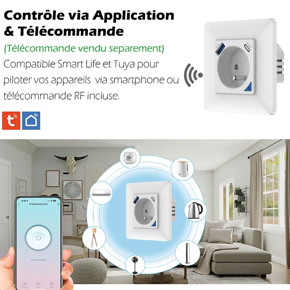 Kyf 4 Prises encastrées 3000W & Ports USB-A + USB-C Wifi + Suivi de consommation