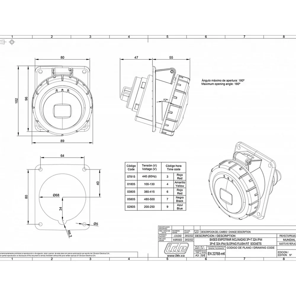 Ide Interrupteur Étanche-Prise Triphasé 32a 3p+t - 4 Broches - Encastrable Sur Coffret - étanche Ip67 -