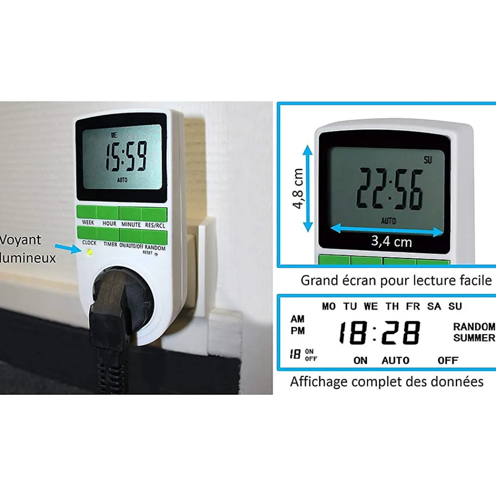 Fishtec Programmateur digital 16A 3680W - 10 programmes - Mode aléatoire - Écran LCD - Mémoire intégrée