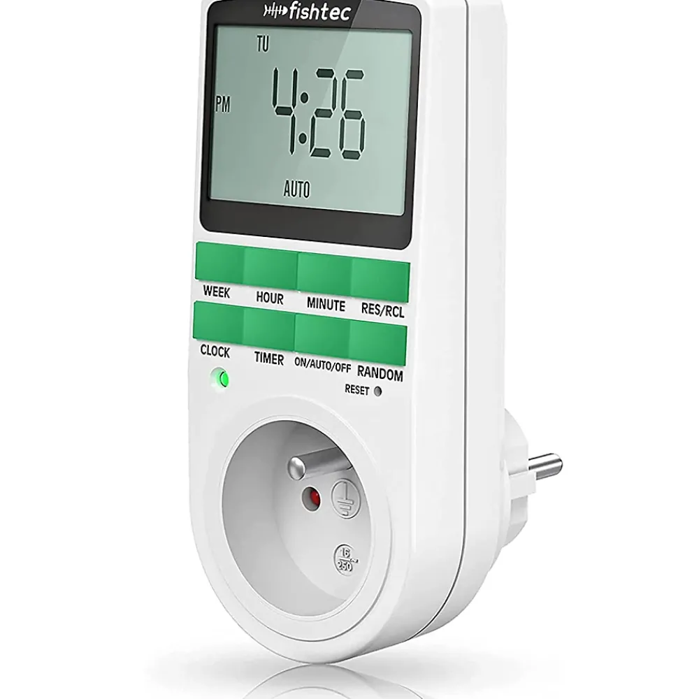 Fishtec Programmateur digital 16A 3680W - 10 programmes - Mode aléatoire - Écran LCD - Mémoire intégrée