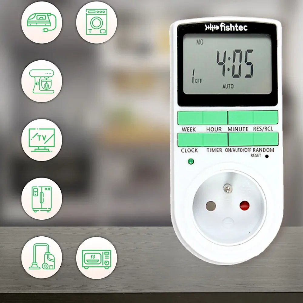 Fishtec Programmateur digital 16A 3680W - 10 programmes - Mode aléatoire - Écran LCD - Mémoire intégrée