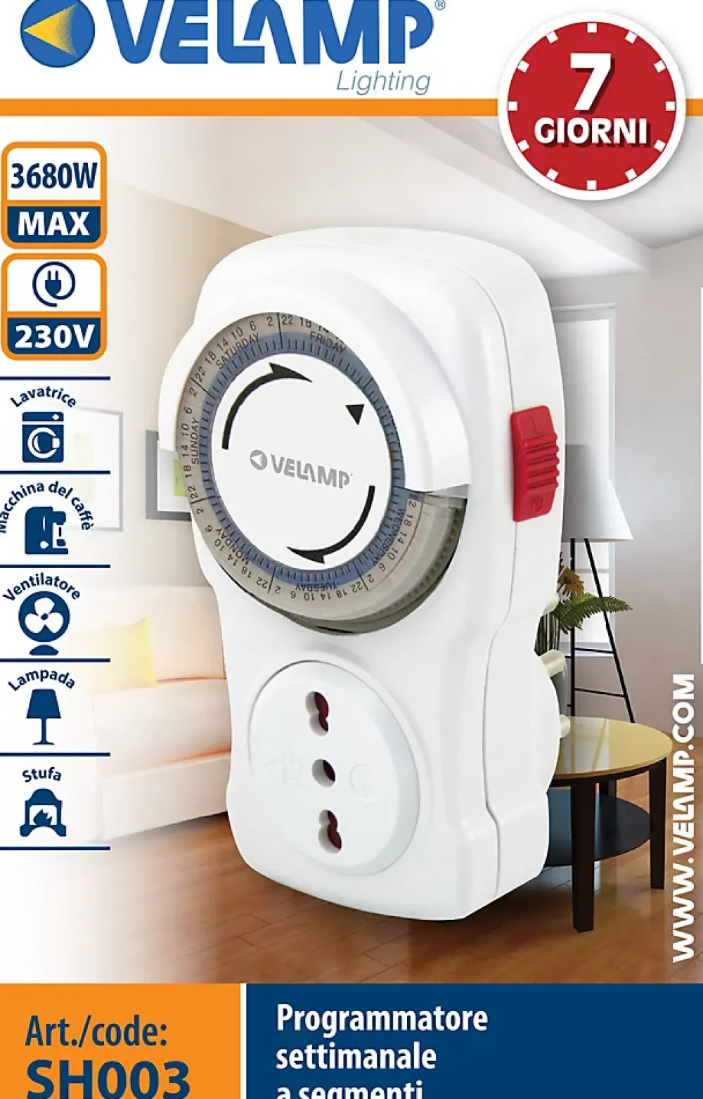 Velamp Prise Programmable-Programmateur hebdomadaire mécanique - 10/16A.