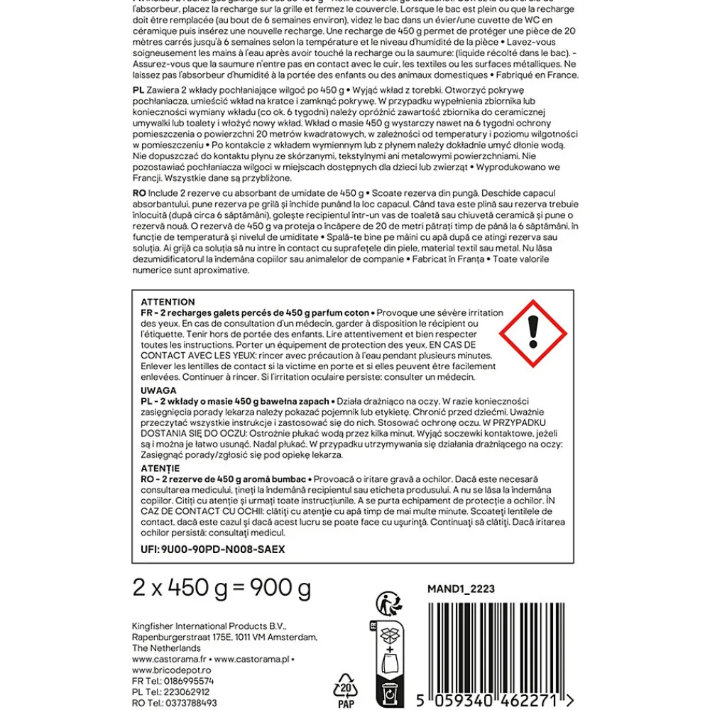 GoodHome Absorbeur D'Humidité-Recharge pour absorbeur d'humidité 2 galets coton 20m² 450g