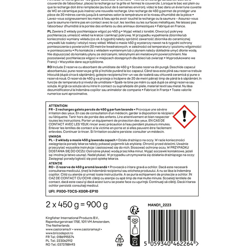 GoodHome Recharge pour absorbeur d'humidité 2 galets lavande 20m² 450g
