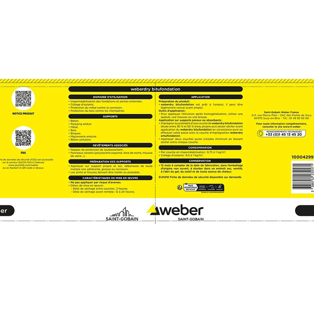 Weber Saint-Gobain Etanchéité Des Fondations-Revêtement d'imperméabilisation des fondations et collage d’isolants 10 kg prêt à l'emploi, Weberdry Bitufondation