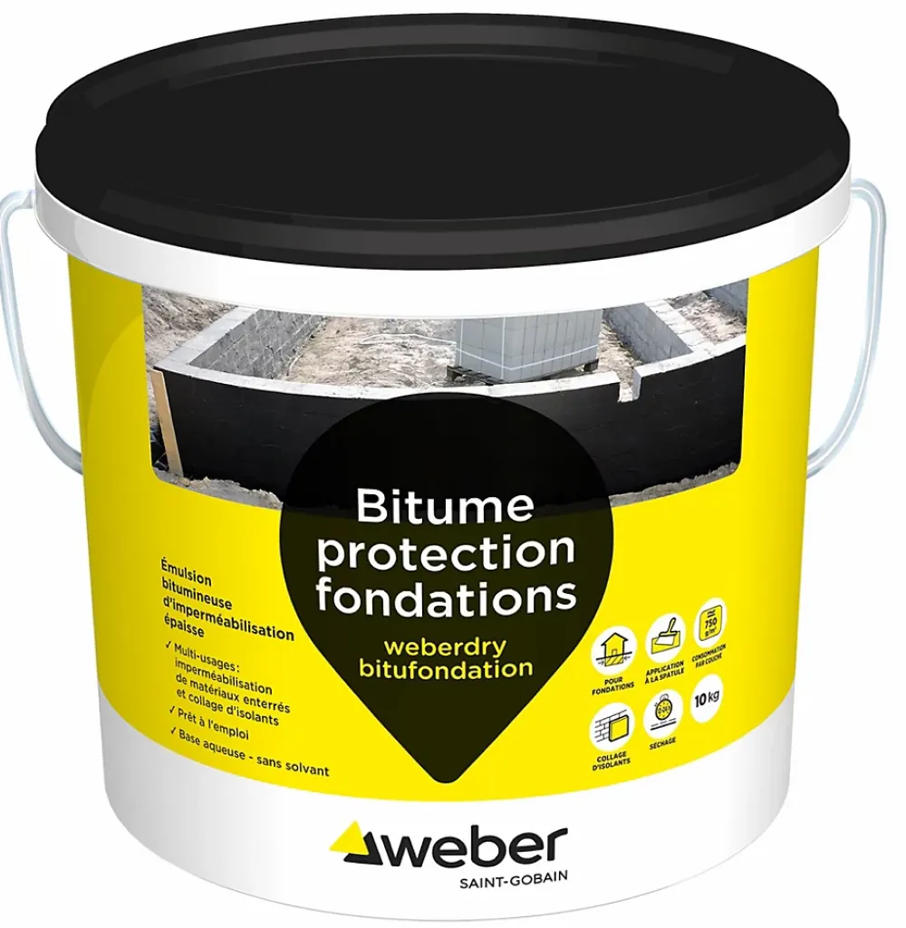 Weber Saint-Gobain Etanchéité Des Fondations-Revêtement d'imperméabilisation des fondations et collage d’isolants 10 kg prêt à l'emploi, Weberdry Bitufondation