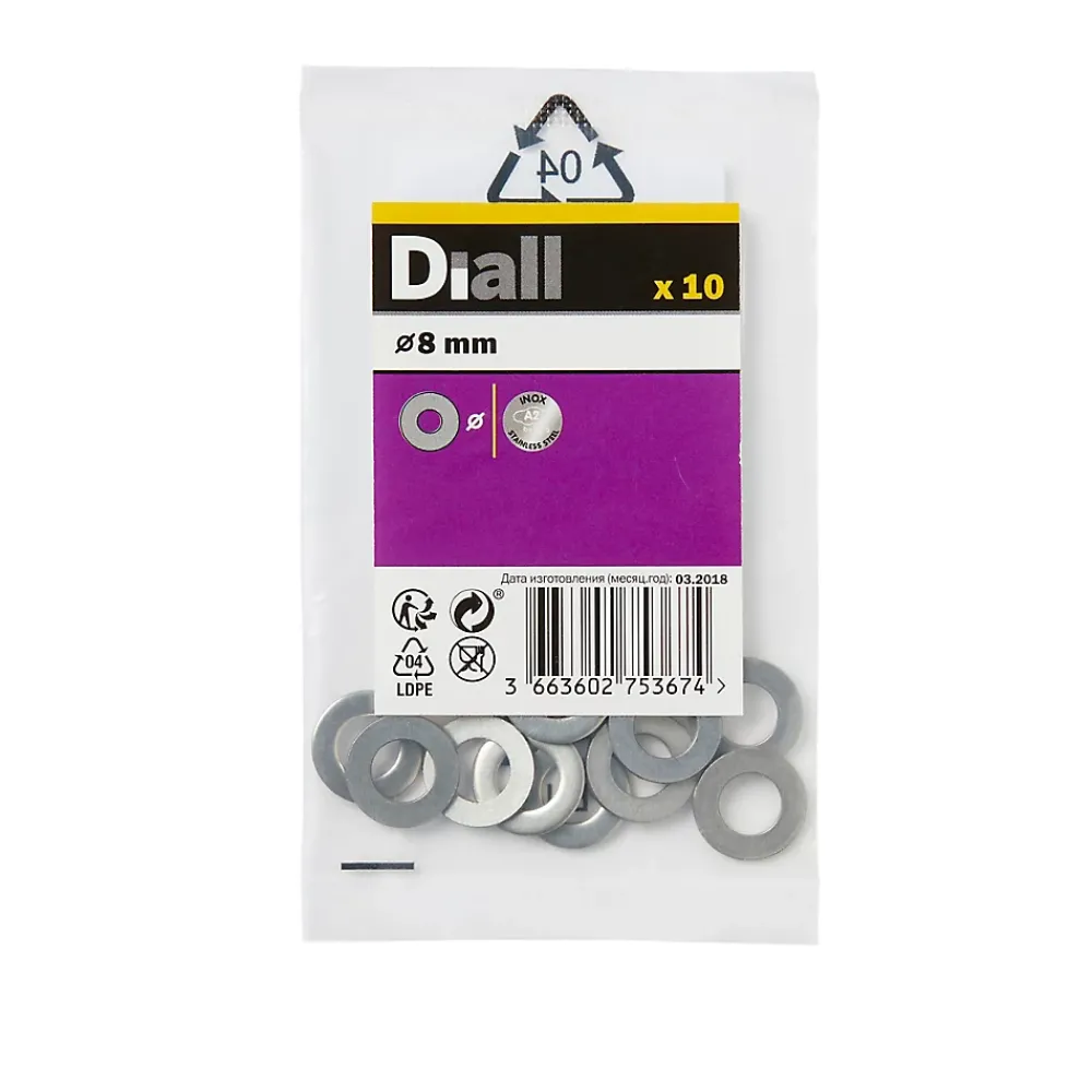 Diall Rondelles plates de taille moyenne en acier inoxydable A2 ø 8mm - 10 pièces