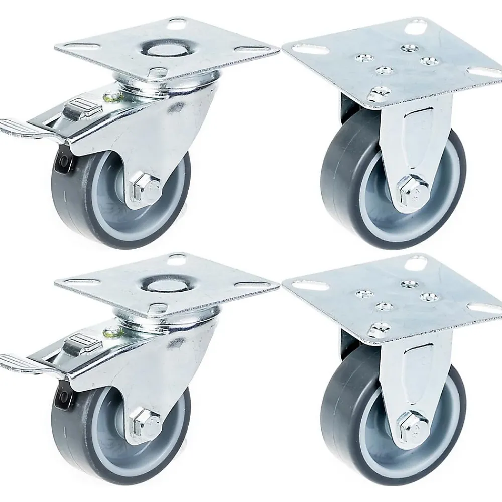 Parnells Roulette Et Roue-Roulette 50mm 2" à bandage caoutchouc gris, frein & fixe, capacité 160kg, jeu de 4