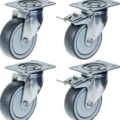 Parnells Roulette Et Roue-Roulette 100mm 4" à bandage caoutchouc gris, pivotante et avec frein, forte capacité de 440kg, jeu de 4
