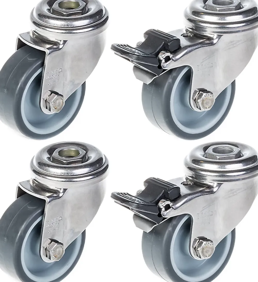 Parnells Roulette 50mm 2" en acier inoxydable, caoutchouc gris, pivotante et avec frein, 160kg, jeu de 4