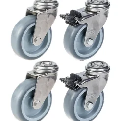 Parnells Roulette 75mm 3" en acier inoxydable, caoutchouc gris, pivotante et avec frein, 240kg, jeu de 4