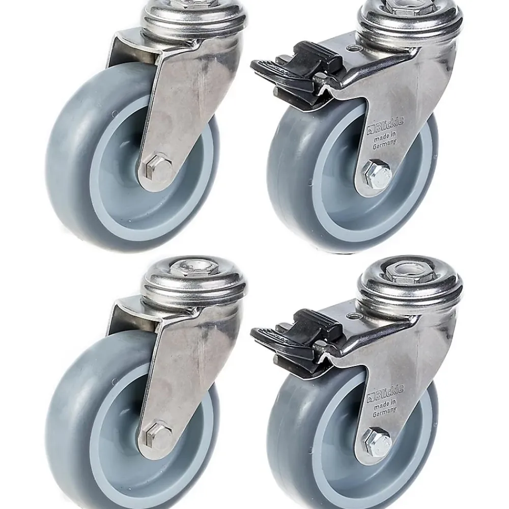 Parnells Roulette 75mm 3" en acier inoxydable, caoutchouc gris, pivotante et avec frein, 240kg, jeu de 4
