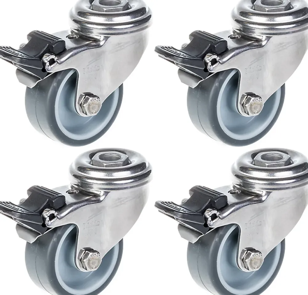 Parnells Roulette Et Roue-Roulette 50mm 2" en acier inoxydable caoutchouc gris, pivotante avec frein, 160kg, jeu de 4