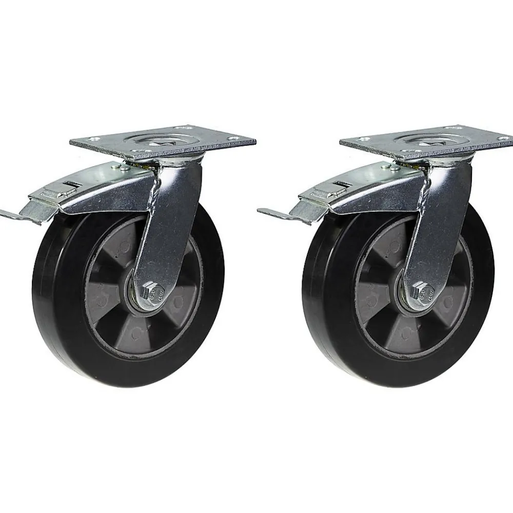 Parnells Roulette 200mm 8" pivotante en caoutchouc noir avec frein, forte capacité de 900kg, jeu de 2