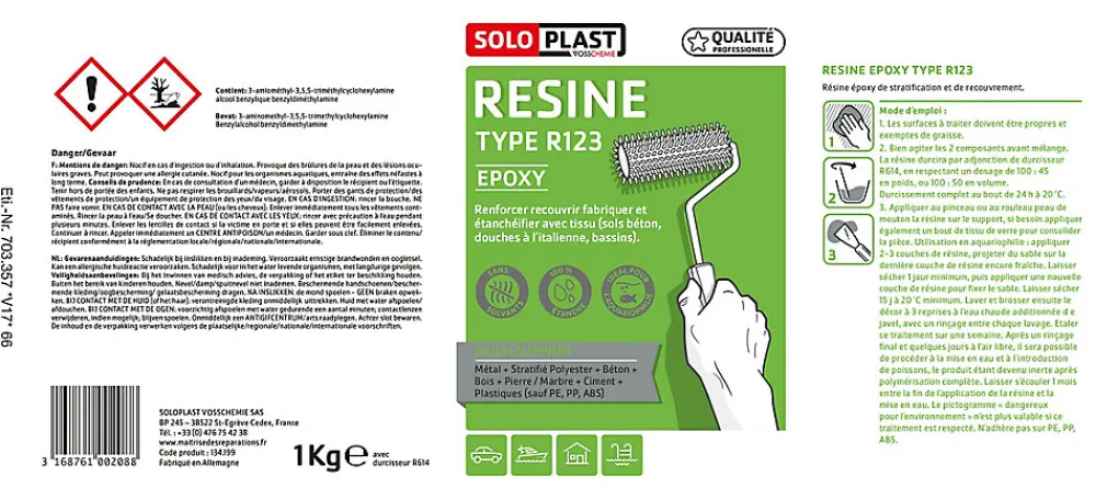 Soloplast Mastic, Cartouche Joint Et Silicone-Résine type R123 + durcisseur époxy type R614 1kg