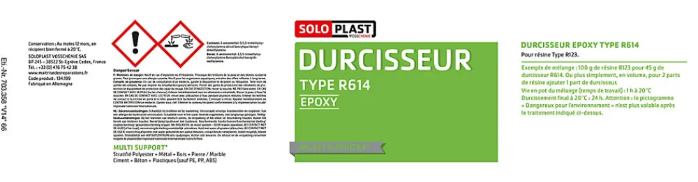 Soloplast Mastic, Cartouche Joint Et Silicone-Résine type R123 + durcisseur époxy type R614 1kg