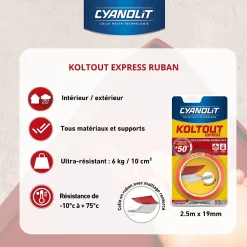 Cyanolit Ruban Adhésif-Ruban adhésif double face Koltout Express 2,5 m x 19 mm
