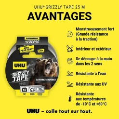 UHU Ruban Adhésif-Ruban adhésif Grizzly tape noir 25 m