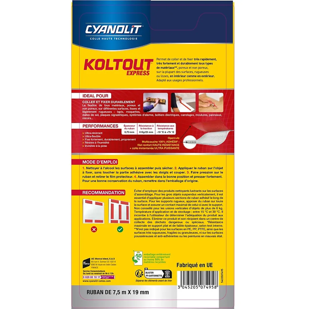 Cyanolit Ruban Adhésif-Ruban colle Koltout extra fin h. 19 mm x l. 7.5 m