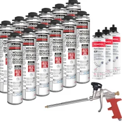 Rubson Pack de 12 Mousses Expansives WhiteTeq Pistolable 750ml + 3 Nettoyants FoamCleaner 929 500ml Penosil + Pistolet