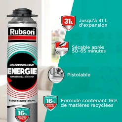 Rubson Pack de 12 Mousses Expansives Énergie Pistolable Gris 750ml