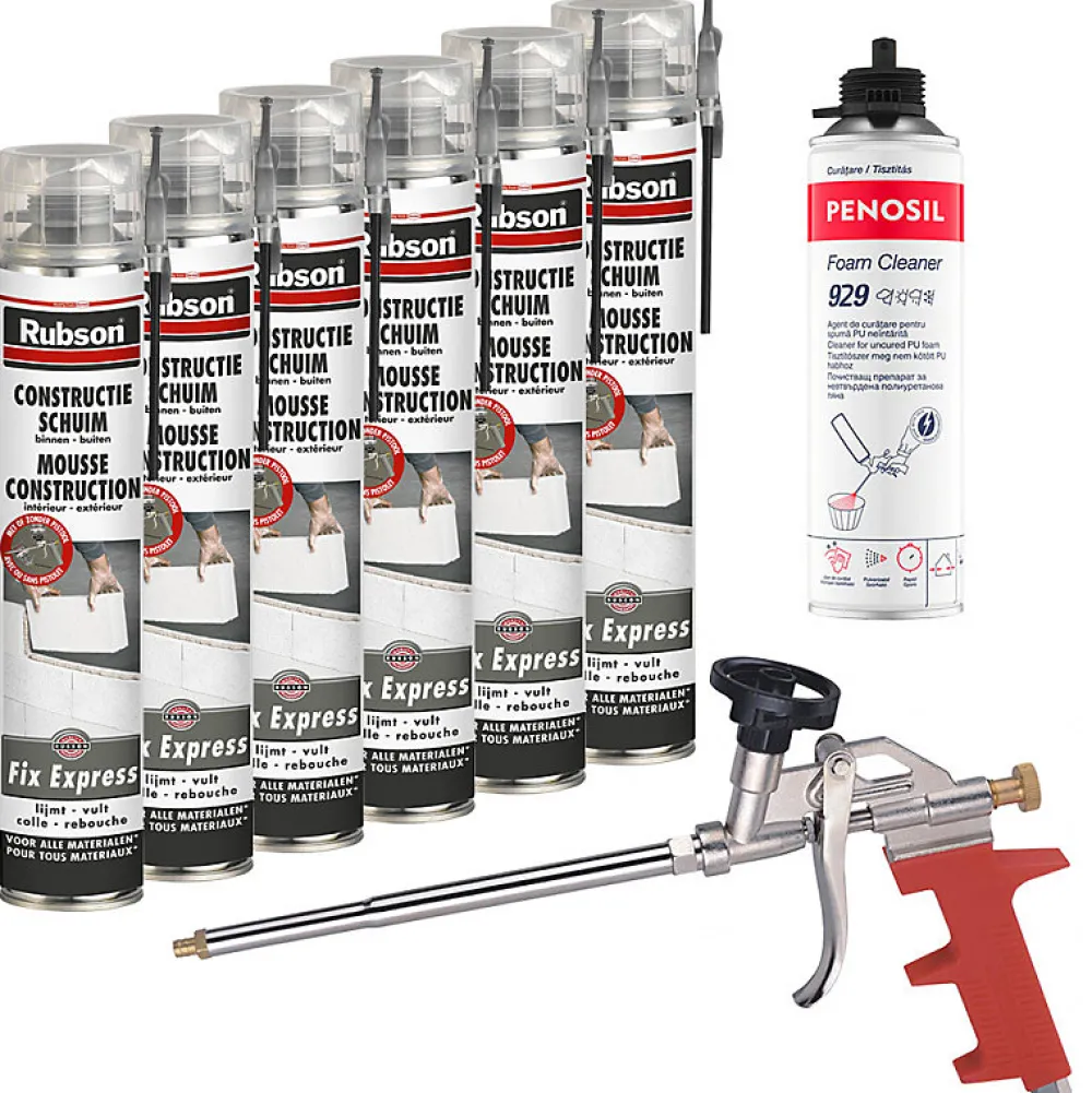 Rubson Mousse Expansive-Pack 6 Mousses construction 750ml Fix Express + Nettoyant FoamCleaner 929 500ml Penosil + Pistolet