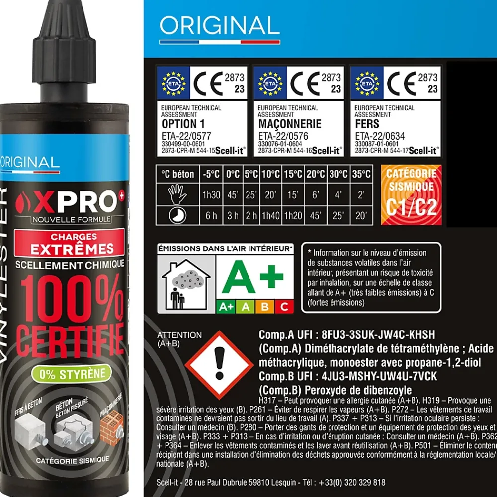 Scell-It SCELL IT Kit Résine X PRO 160ml Ton Béton Avec 4 Tiges Acier M8 Et 4 Tamis Scellement Chimique Professionnel